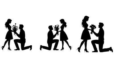 Romantic Couple Proposal Silhouette – Man Kneeling with Flowers Vector Illustration