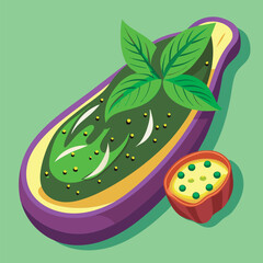 Stuffed eggplant with basil garnish.