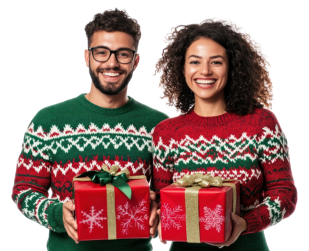 PNG An american couple wearing red and green sweater carry christmas gifts sweaters holiday happy. - Powered by Adobe