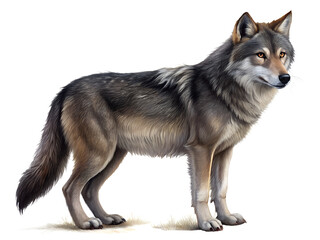 Obraz premium Illustration of a gray wolf standing isolated on transparent background, showcasing its fur pattern, and overall appearance in a detailed manner