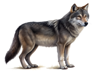 Illustration of a gray wolf standing isolated on transparent background, showcasing its fur pattern, and overall appearance in a detailed manner