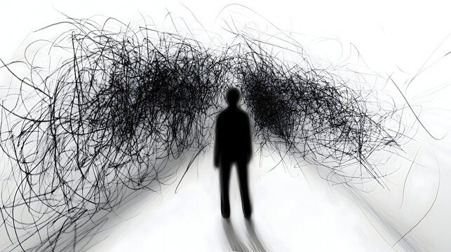 A pencil sketch-style artwork depicting a lone figure in a dark room, with walls covered in scribbled, unreadable words of self-doubt and fear