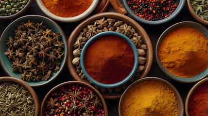 Top View of Assorted Spices in Bowls with Rich Natural Colors