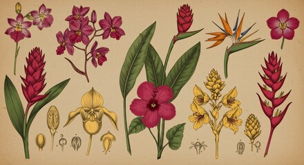 鮮やか色彩 熱帯植物図鑑 美しい博物画風イラスト. AI Generated