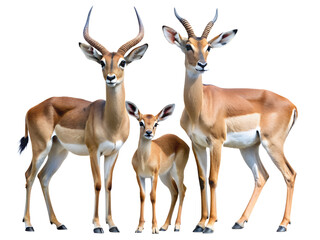 Obraz premium A family of impalas isolated on transparent background, including a male with long horns, a female, and a baby, standing together in a group
