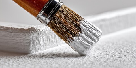 Close-up of a paintbrush applying white paint on textured canvas surface
