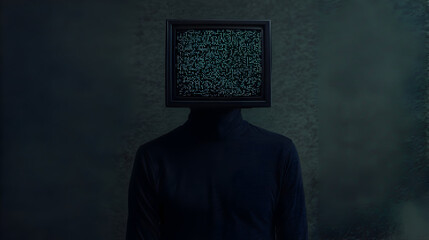 A man with a television for a head, the static screen displaying glimpses of traumatic memories, his body fading into digital noise