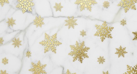 Gold glitter snowflakes on a white marble background