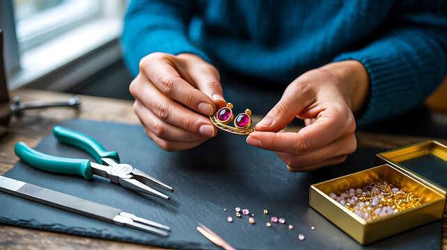 Person making handmade jewelry with beads and tools on table
- Powered by Adobe