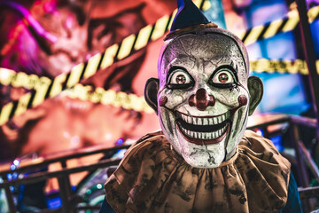 Scary clown smiling in haunted house setting for halloween