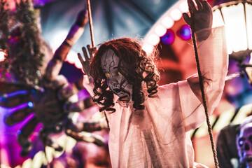 Scary doll hanging in haunted house swing