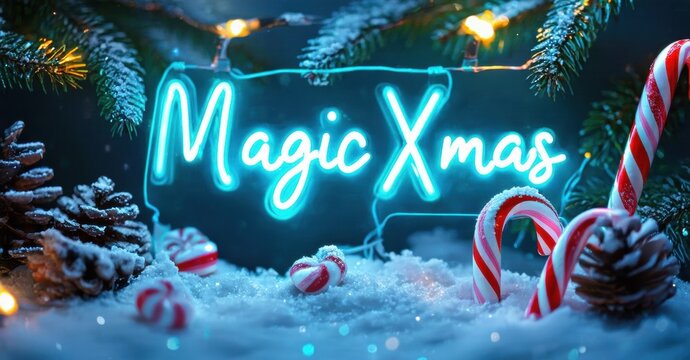 Festive scene. Bright neon sign reads Magic Xmas. Snow, pinecones, candy canes create winter holiday mood. Lights sparkle. - Powered by Adobe