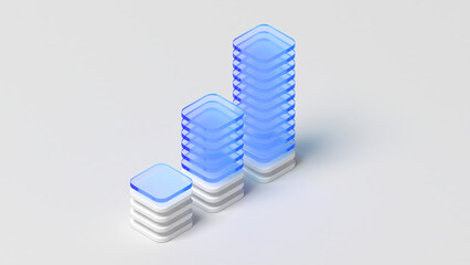 Abstract column chart. Solid and translucent. White and blue color. Glassmorphism. Copy space. Graph. 3d illustration.
