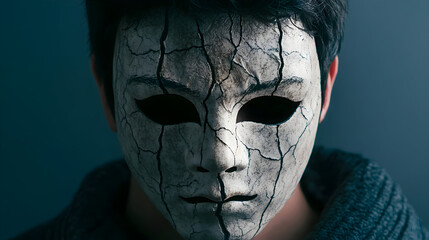 A man wearing a mask of happiness, but cracks in the mask reveal his sorrowful face underneath