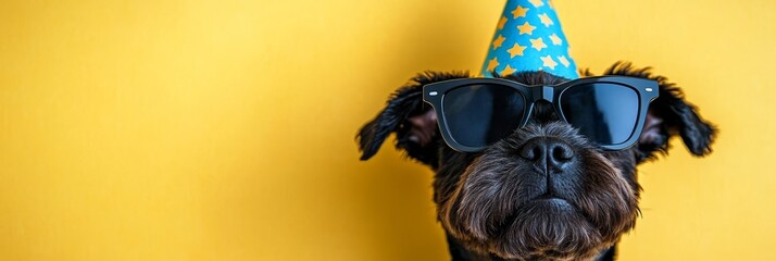 Quirky pup in festive light blue hat and cool shades, posing against vibrant yellow backdrop.