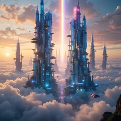 Futuristic city with towering structures piercing the clouds, illuminated by light