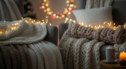Cozy winter evening with warm blankets and twinkling lights