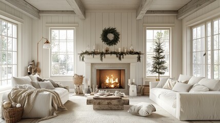 Fototapeta premium Cozy Rustic Living Room Decorated for Winter Season with Fireplace