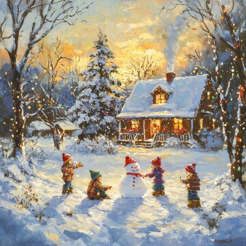 Joyful Children Building Snowman in Winter Wonderland Scene