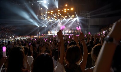 K-pop concert, crowd of fans cheering, glowing light sticks, dynamic stage lighting