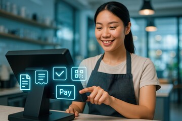 A smiling woman interacting with a point-of-sale (POS) system, indicating a payment transaction in a cafe setting. With an emphasis on user-friendly technology and happy service experience