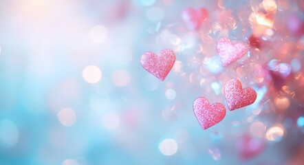 Fototapeta premium Soft Pastel Hearts Floating in a Dreamy Blue Background During a Romantic Evening.