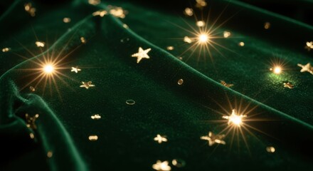 Dark green velvet fabric with scattered golden stars and bright sparkles