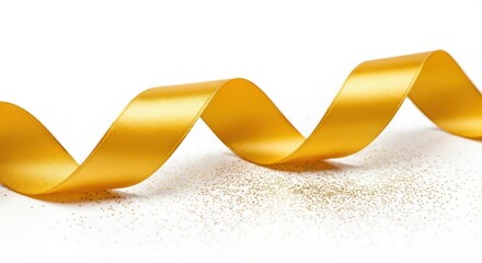 A shiny gold ribbon curled on a white background
