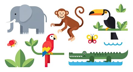 Fototapeta premium Flat vector illustration set of tropical animals including elephant, monkey, toucan, parrot, crocodile, butterfly, minimal clean design, colorful, stock illustration style.