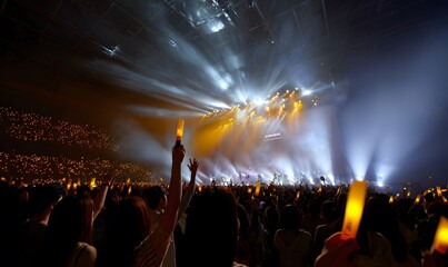 K-pop concert, crowd of fans cheering, glowing light sticks, dynamic stage lighting