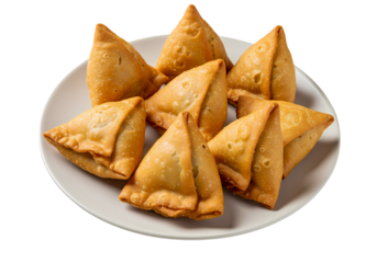 A Plate of Samosas: Close-Up View of Crispy Fried Pastry Triangles isolated on transparent background