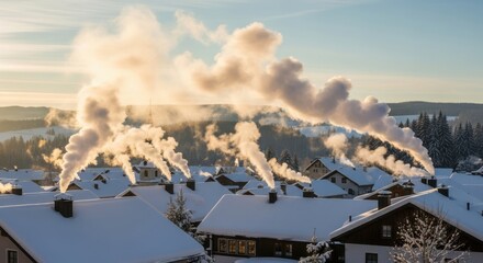 Winter village with smoke rising from chimneys on a sunny morning