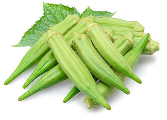 Fresh picked okra green seed pods and leaf isolated on white background. File contains clipping path.