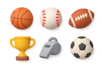 Sports stickers – 3D soft sticker set 6‑pack transparent PNG; basketball, baseball, football, soccer ball, gold trophy, whistle; brand‑free sports icons for apps, web, social media, presentations, tem