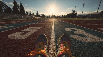 Colorful Running Shoes On Track At Sunset