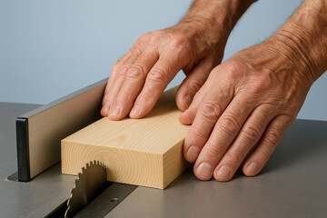 Carpenter carefully guiding wooden plank through table saw blade for precise woodworking in a workshop environment