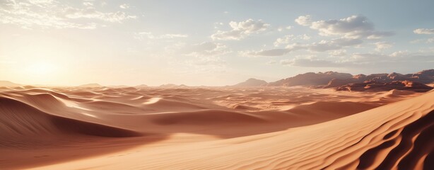 Naklejka premium Beautiful Sunset Over Vast Desert Dunes With Soft Golden Light and Distant Mountains
