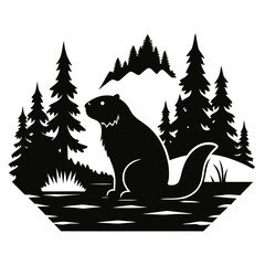 Beaver by River Silhouette Vector