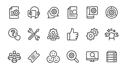 Technical service line icons set including settings, gear, tools, support, problem solving, software configuration, repair, customer service vector illustration