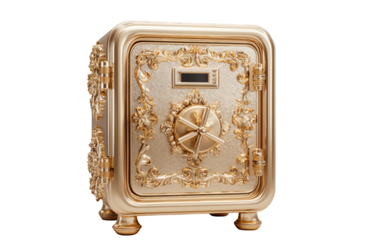 Ornate gold safe, detailed with floral carvings and a circular lock