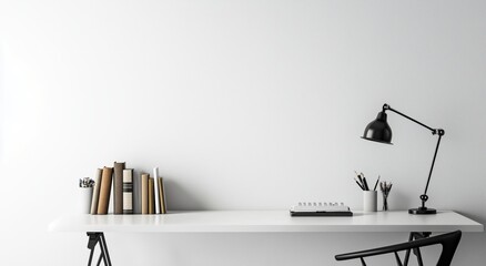 Modern Workspace With Minimalistic Desk, Lamp, and Books in Bright Setting for Productivity
