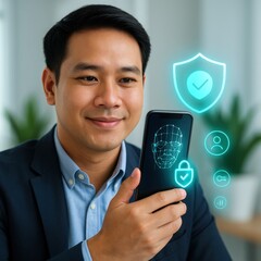 a professional man utilizes facial recognition on his smartphone, ensuring digital security
