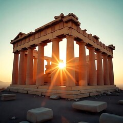 Ancient greek temple ruins at sunset high resolution image