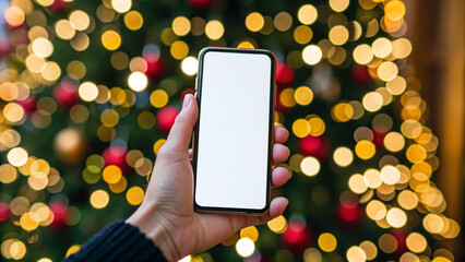 Hand holding smartphone in front of decorated Christmas tree with bright lights in a festive setting