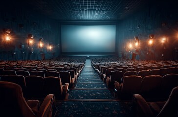 Fototapeta premium Empty Theater With Dim Lighting and a Large Projection Screen Ready for the Next Show.