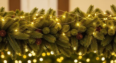 Closeup of a festive christmas garland with warm twinkling lights