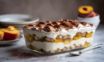Layering peaches and mascarpone cream between ladyfingers for quick and easy peach tiramisu