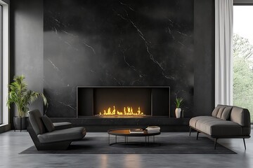 Polished chrome fireplace inset into a black granite wall with modern furniture surrounding it 