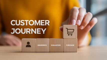 A hand arranges blocks labeled "Customer Journey" with key stages: Awareness, Evaluation, Purchase, symbolizing marketing processes.