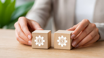 A person holds wooden blocks with dollar signs and gears, symbolizing finance and business concepts.